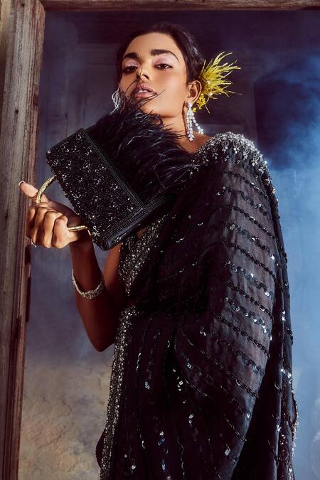 Nitika Gujral Black Organza, Silk Sequins, Crystals, Saree With Metallic Embroidered Blouse at Aza Fashions Nitika Gujral_Black Organza, Silk Sequins, Crystals, Saree With Metallic Embroidered Blouse _at_Aza_Fashions