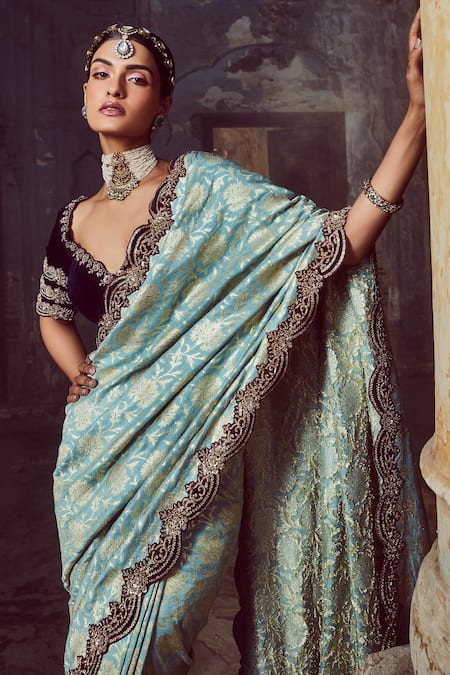 Nitika Gujral_Green Mohair, Velvet, Cotton Embroidery Scoop Floral Woven Saree With Blouse _at_Aza_Fashions