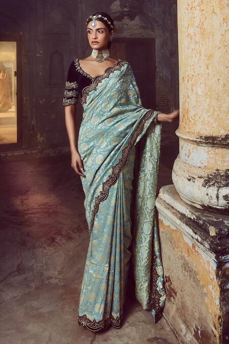 Shop_Nitika Gujral_Green Mohair, Velvet, Cotton Embroidery Scoop Floral Woven Saree With Blouse _Online_at_Aza_Fashions