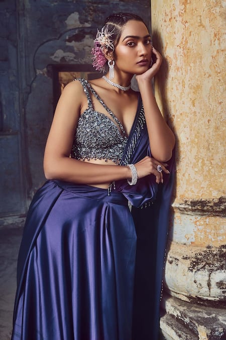Buy_Nitika Gujral_Purple Net, Satin Sequins, Beads, Crystals Draped Saree With Cutout Bustier 