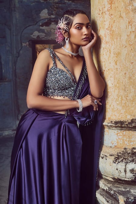 Nitika Gujral_Purple Net, Satin Sequins, Beads, Crystals Draped Saree With Cutout Bustier _at_Aza_Fashions