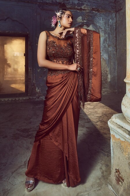 Buy Golden Satin Sarees for Women Online from India's Luxury Designers 2024