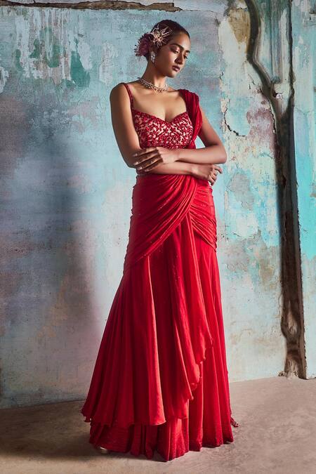 Buy Red Saree Georgette And Blouse Net Embroidered Bead Draped