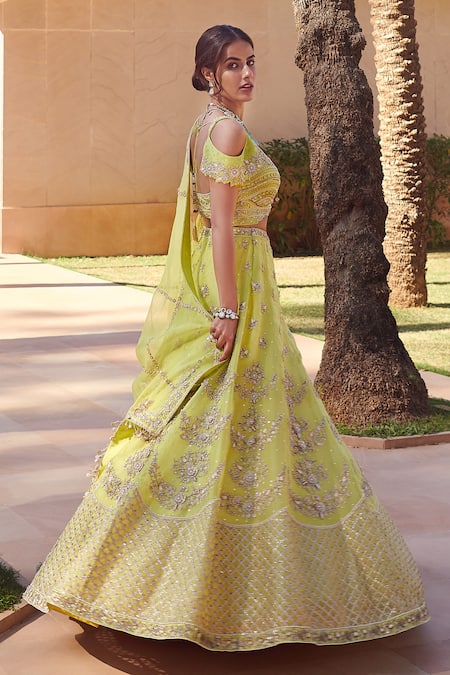 Shop Sahil Kochhar Green Silk Organza U Neck Nimra Bridal Lehenga Set at Aza Fashions Shop_Sahil Kochhar_Green Silk Organza U Neck Nimra Bridal Lehenga Set _at_Aza_Fashions
