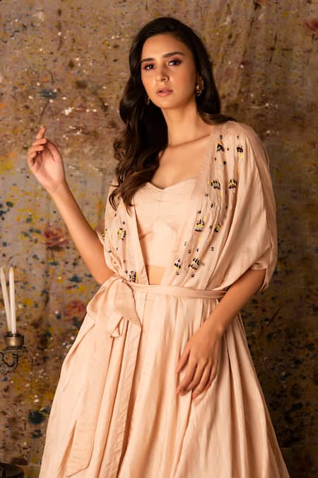 Buy_Vaani Beswal_Pink Bralette And Kaftan Mulberry Silk, Skirt Handwoven Nirad Kurta Set _Online_at_Aza_Fashions