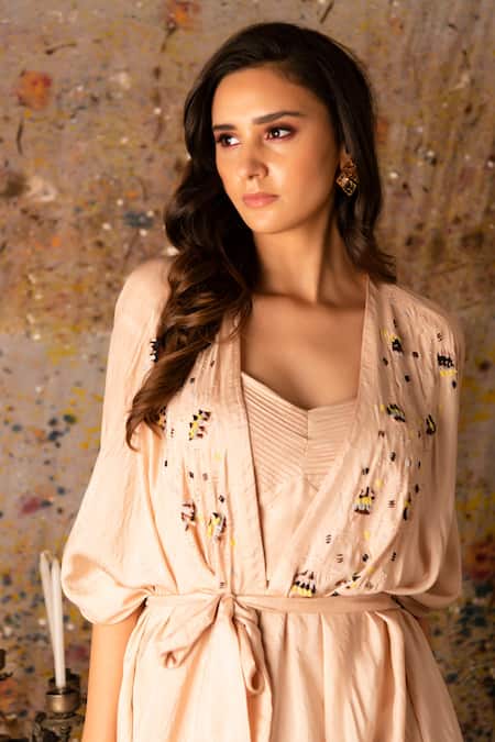 Shop_Vaani Beswal_Pink Bralette And Kaftan Mulberry Silk, Skirt Handwoven Nirad Kurta Set _Online_at_Aza_Fashions