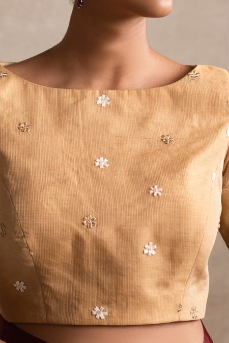 Buy_Priyanka Raajiv_Beige Kota Floral Round Niru Embroidered Blouse_Online_at_Aza_Fashions