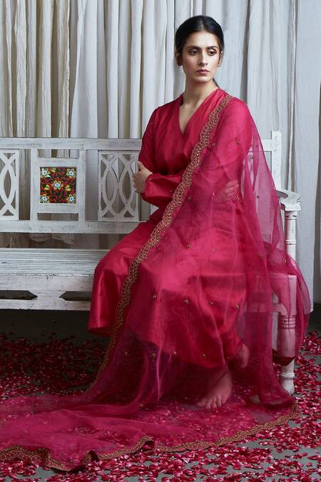 Nishar Ahmed_Pink Silk, Organza Zardozi Work V Neck Anarkali Set_Online_at_Aza_Fashions