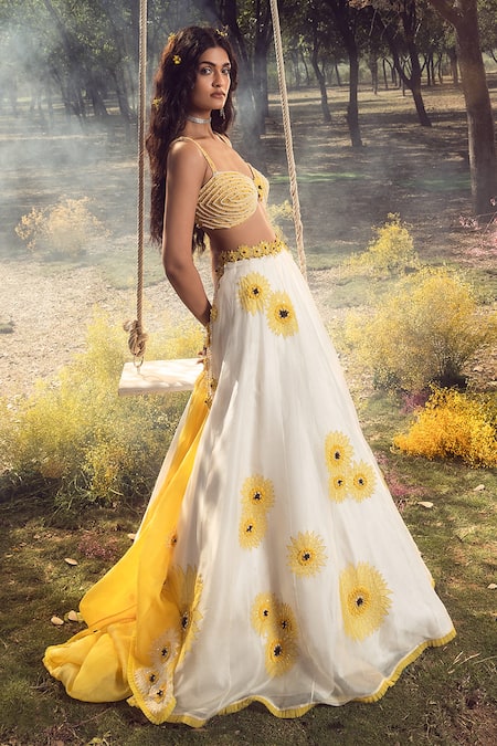 Nitika Gujral_Off White Organza, Net, Satin Pearls, Fabric 3d Embellished Lehenga Set _Online_at_Aza_Fashions