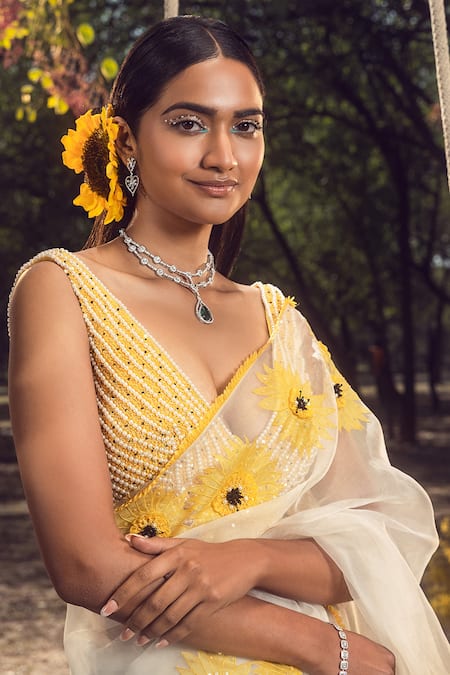 Nitika Gujral_Off White Organza, Satin Cut Work, Pearls, Beads Sunflower Applique Saree Set _Online_at_Aza_Fashions