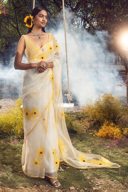 Buy_Nitika Gujral_Off White Organza, Satin Cut Work, Pearls, Beads Sunflower Applique Saree Set _Online_at_Aza_Fashions