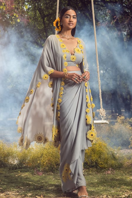 Nitika Gujral_Grey Georgette Embroidery, Pearls, Beads Sunflower Jacket Drape Skirt Set _Online_at_Aza_Fashions