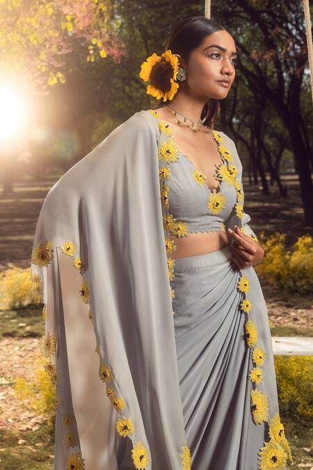 Buy_Nitika Gujral_Grey Georgette Embroidery, Pearls, Beads Sunflower Jacket Drape Skirt Set _Online_at_Aza_Fashions