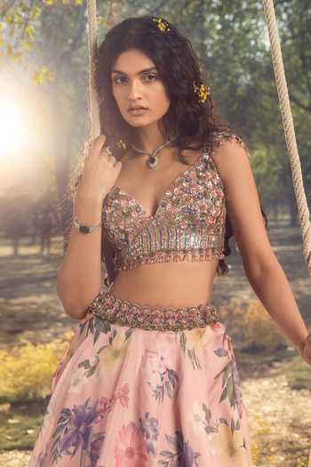 Nitika Gujral_Pink Organza, Net, Satin Sequins, Beads, Vintage Floral Print Lehenga Set _Online_at_Aza_Fashions