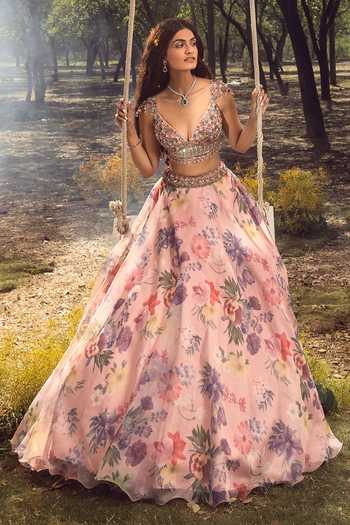 Shop_Nitika Gujral_Pink Organza, Net, Satin Sequins, Beads, Vintage Floral Print Lehenga Set _Online_at_Aza_Fashions