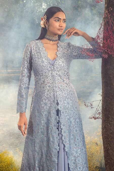 Nitika Gujral_Blue Georgette, Satin, Organza Beads, Sequins Floral Pattern Jacket Lehenga Set _Online_at_Aza_Fashions