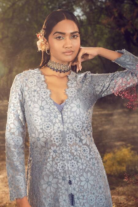 Buy_Nitika Gujral_Blue Georgette, Satin, Organza Beads, Sequins Floral Pattern Jacket Lehenga Set _Online_at_Aza_Fashions