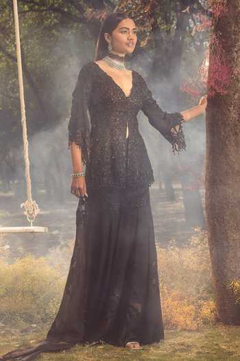 Nitika Gujral_Black Organza, Satin Sequins, Crystals, Flower Embroidered Kurta Gharara Set _Online_at_Aza_Fashions