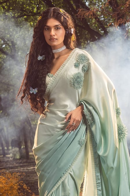 Nitika Gujral_Blue Satin Pearls, Sequins, Beads Sweetheart Ombre 3d Flower Applique Saree Set _Online_at_Aza_Fashions