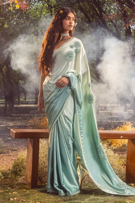 Buy_Nitika Gujral_Blue Satin Pearls, Sequins, Beads Sweetheart Ombre 3d Flower Applique Saree Set _Online_at_Aza_Fashions