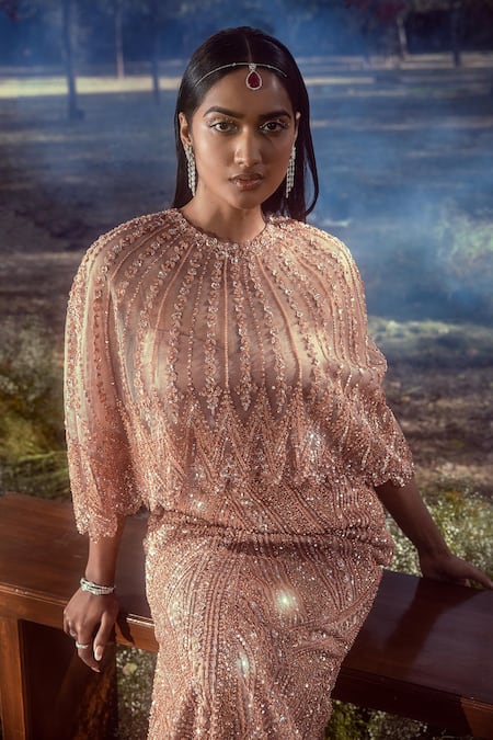 Nitika Gujral Peach Satin, Net Sequins, Cut Work, Crystals And Embroidered Skirt & Veil Set Online at Aza Fashions Nitika Gujral_Peach Satin, Net Sequins, Cut Work, Crystals And Embroidered Skirt & Veil Set _Online_at_Aza_Fashions