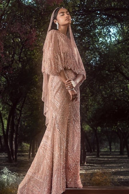 Buy Nitika Gujral Peach Satin, Net Sequins, Cut Work, Crystals And Embroidered Skirt & Veil Set Online at Aza Fashions Buy_Nitika Gujral_Peach Satin, Net Sequins, Cut Work, Crystals And Embroidered Skirt & Veil Set _Online_at_Aza_Fashions