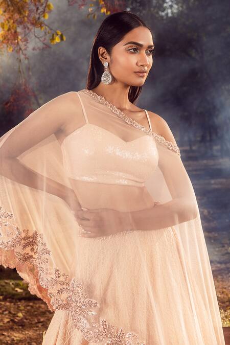 Nitika Gujral Peach Sweetheart Neck Geometric Embroidered Lehenga And Cape Set Online at Aza Fashions Nitika Gujral_Peach Sweetheart Neck Geometric Embroidered Lehenga And Cape Set _Online_at_Aza_Fashions