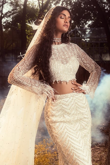 Buy_Nitika Gujral_Ivory Net, Satin Sequins, Crystals, Cut Work, And Embroidered Skirt & Veil Set _Online_at_Aza_Fashions