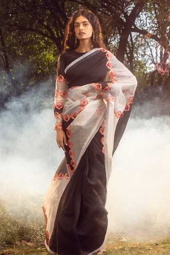 Nitika Gujral_Black Organza, Satin Cut Work, Embroidery Round Neck Dichromatic Saree Set _Online_at_Aza_Fashions