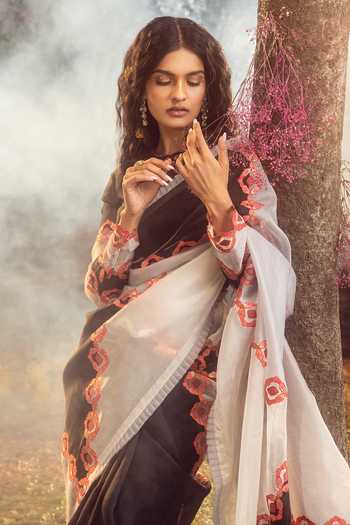 Buy_Nitika Gujral_Black Organza, Satin Cut Work, Embroidery Round Neck Dichromatic Saree Set _Online_at_Aza_Fashions