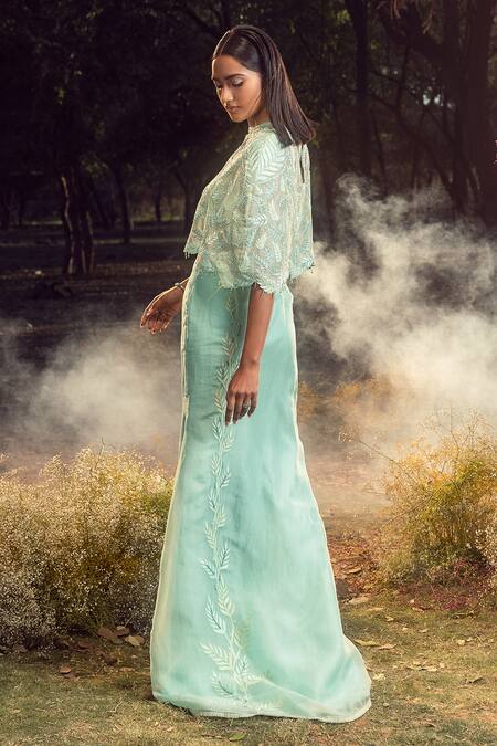 Buy_Nitika Gujral_Blue Lycra, Organza Sequins, Beads, Leaf Petal Embroidered Cape Skirt Set _Online_at_Aza_Fashions