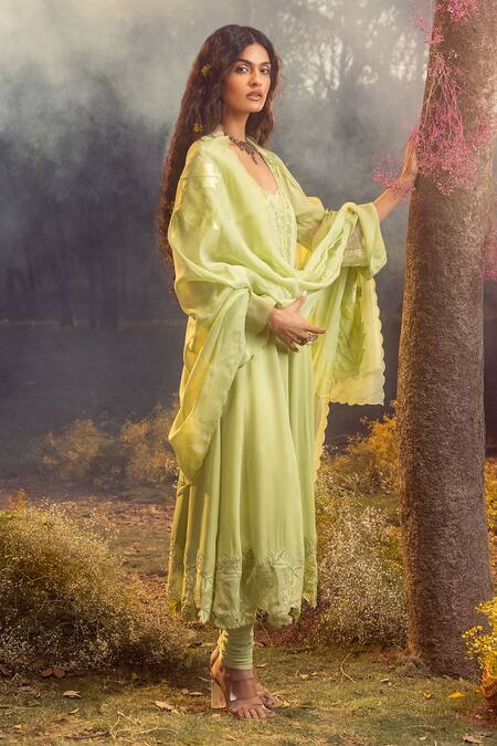 Nitika Gujral_Green Georgette, Lycra, Organza Sequins Autumn Leaves Pattern Anarkali Set _Online_at_Aza_Fashions