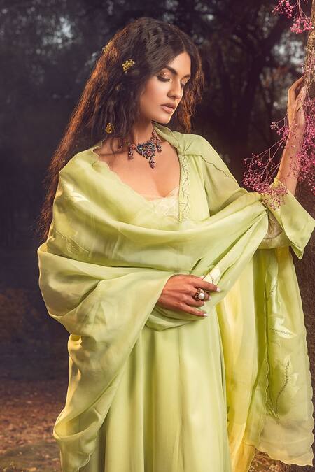 Buy_Nitika Gujral_Green Georgette, Lycra, Organza Sequins Autumn Leaves Pattern Anarkali Set _Online_at_Aza_Fashions