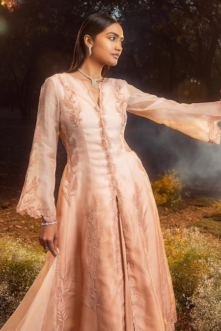 Nitika Gujral_Peach Organza, Satin Beads, Sequins Collared Leaf Applique Jacket Lehenga Set _Online_at_Aza_Fashions