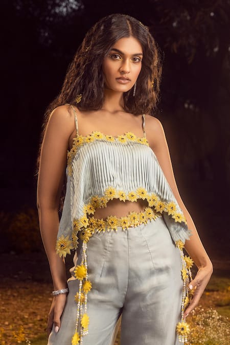 Buy Nitika Gujral Blue Satin, Organza Sequins, Beads, Embroidery Sunflower Crop Top And Palazzo Set Online at Aza Fashions Buy_Nitika Gujral_Blue Satin, Organza Sequins, Beads, Embroidery Sunflower Crop Top And Palazzo Set _Online_at_Aza_Fashions