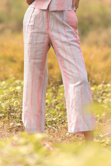 Shop Vaani Beswal Pink Handwoven Zari Cotton Stripes Niya Trouser Online at Aza Fashions Shop_Vaani Beswal_Pink Handwoven Zari Cotton Stripes Niya Trouser _Online_at_Aza_Fashions
