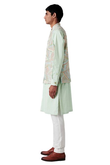 Amaare_Green Raw Silk Embroidered Bundi And Kurta Set  _Online_at_Aza_Fashions