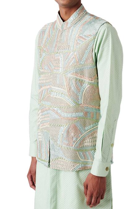 Shop_Amaare_Green Raw Silk Embroidered Bundi And Kurta Set  _Online_at_Aza_Fashions