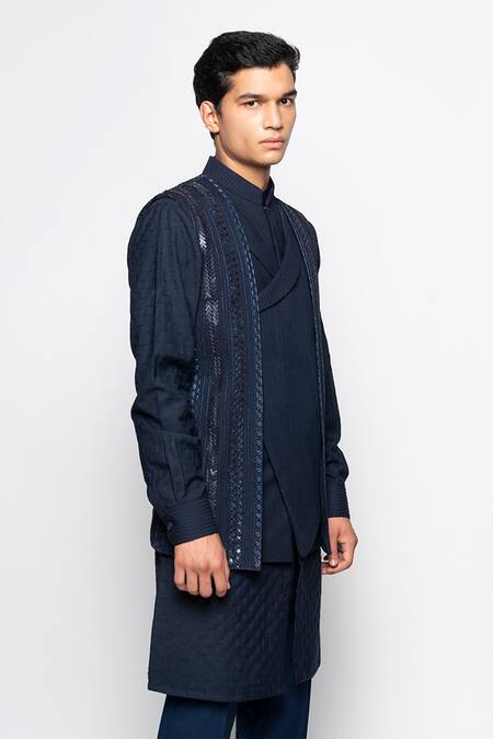 Shop Amaare Blue Wool Bend Embroidered Bundi And Kurta Set Online at Aza Fashions Shop_Amaare_Blue Wool Bend Embroidered Bundi And Kurta Set _Online_at_Aza_Fashions