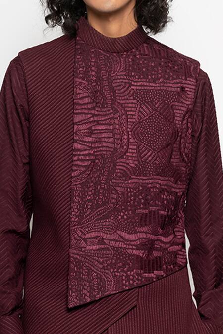Shop Amaare Maroon Wool Bend Embroidered Bundi And Kurta Set Online at Aza Fashions Shop_Amaare_Maroon Wool Bend Embroidered Bundi And Kurta Set _Online_at_Aza_Fashions