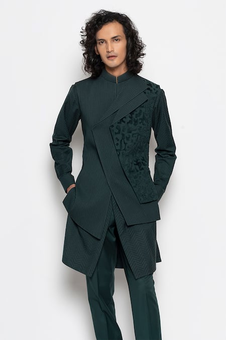 Shop_Amaare_Green Wool Bend Embroidered Bundi And Kurta Set  _Online_at_Aza_Fashions