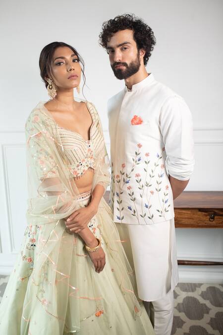 Shop Contrast By Parth White Pure Cotton Silk Floral Embroidered Bundi And Kurta Set Online at Aza Fashions Shop_Contrast By Parth_White Pure Cotton Silk Floral Embroidered Bundi And Kurta Set _Online_at_Aza_Fashions