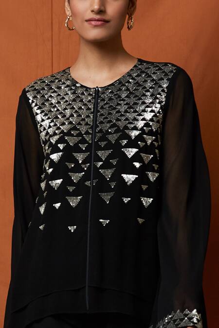 Shop_Namrata Joshipura_Black Georgette Round Layered Asymmetric Top _Online_at_Aza_Fashions