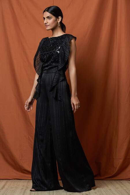 Namrata Joshipura_Black Lurex Satin Ruffle Jumpsuit_Online_at_Aza_Fashions
