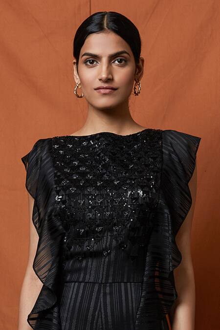 Shop_Namrata Joshipura_Black Lurex Satin Ruffle Jumpsuit_Online_at_Aza_Fashions