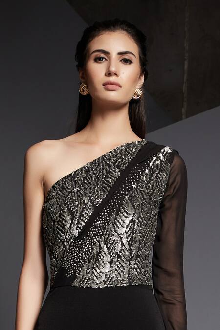 Namrata Joshipura_Black Jersey One Shoulder Embellished Jumpsuit _at_Aza_Fashions