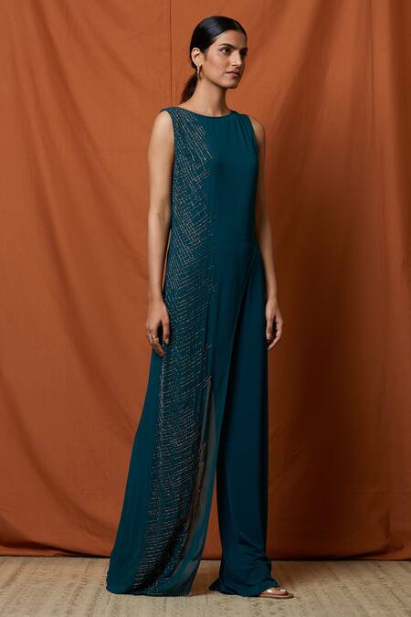 Namrata Joshipura_Blue Georgette Embroidered Overlay Jumpsuit_Online_at_Aza_Fashions