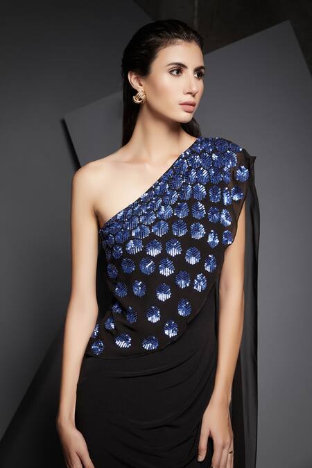 Buy_Namrata Joshipura_Black Jersey One Shoulder Embellished Gown _Online_at_Aza_Fashions