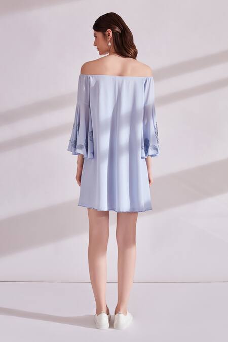 Shop Namrata Joshipura Blue Moss Crepe Off Shoulder Dress at Aza Fashions Shop_Namrata Joshipura_Blue Moss Crepe Off Shoulder Dress_at_Aza_Fashions