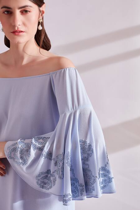 Shop Namrata Joshipura Blue Moss Crepe Off Shoulder Dress Online at Aza Fashions Shop_Namrata Joshipura_Blue Moss Crepe Off Shoulder Dress_Online_at_Aza_Fashions